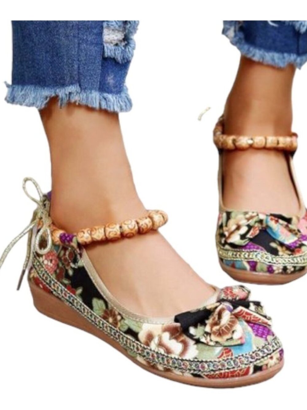 ROSY Black & Multicolor Bow-Accent Bead Ankle-Strap Flats